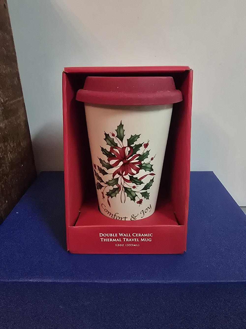 Lenox Holiday Ceramic Travel Mug with Red Lid and Green Holly